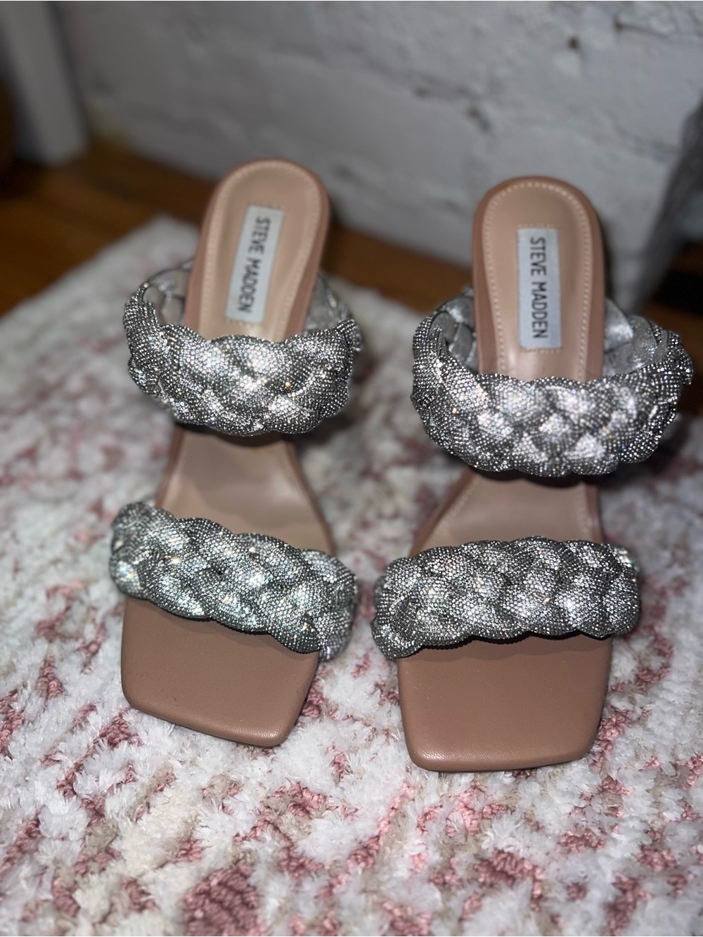 Steve Madden Braided Metallic Silver Two-Strap Mules